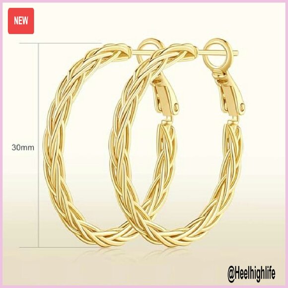 14K Gold Twisted Hoop Earrings 30MM Hypoallergenic Fine Weave Design - Picture 5 of 8